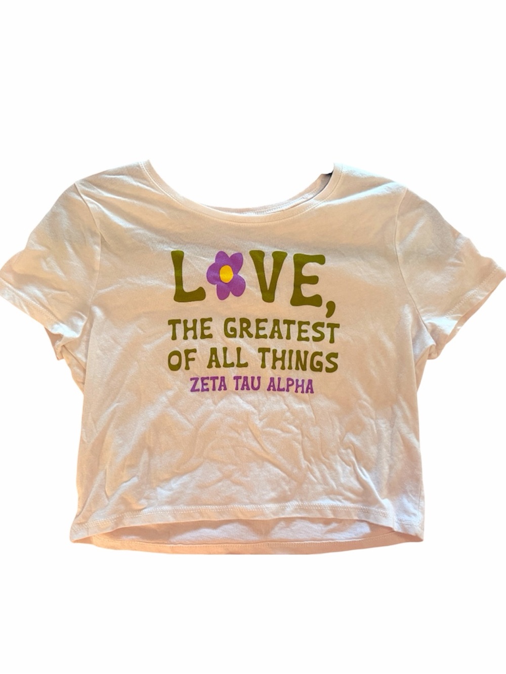 ZETA TAU ALPHA ZTA S Cropped White Flower Power 70s Style Tee T-Shirt Top